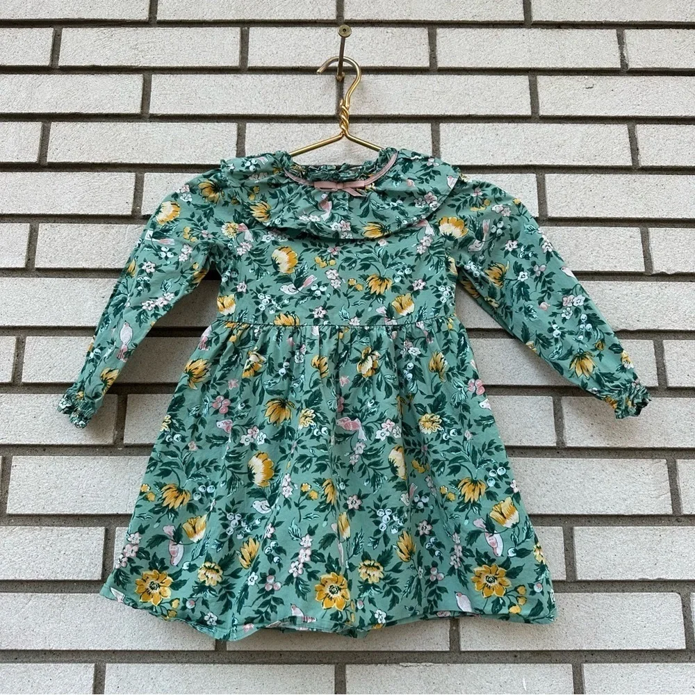 Janie And Jack Malachite Green Floral Ruffle Collar Bow Dress Long Sleeve 4